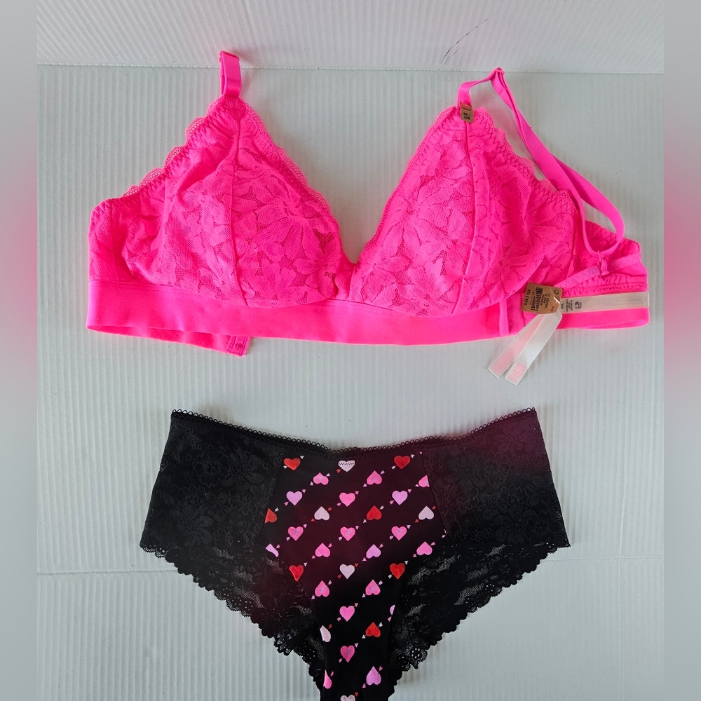 Pink Lace Bralette and Black Heart Panty Set..